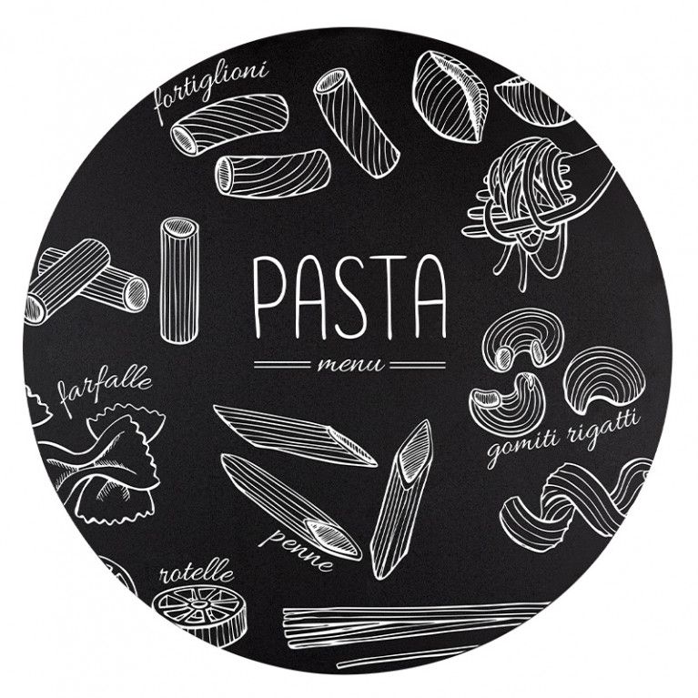 Krijtbord Rond 120 cm Vooraanzicht met pasta menu krijttekening