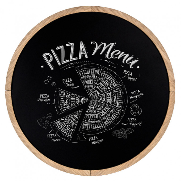 Krijtbord Rond 120 cm Ongelakt Eiken Vooraanzicht met pizza menu krijttekening