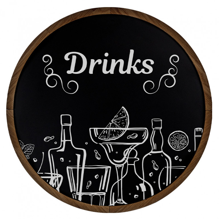 Krijtbord Rond Donker Eiken 60 cm – Vooraanzicht met drinks krijttekening