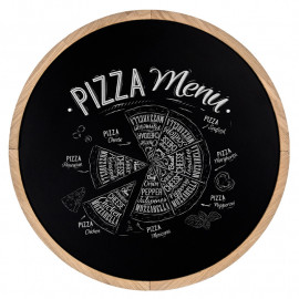 Krijtbord Rond Ongelakt Eiken 60 cm – Vooraanzicht met pizza menu krijttekening